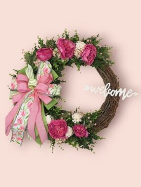 Spring Floral Welcome Wreath with Bow
